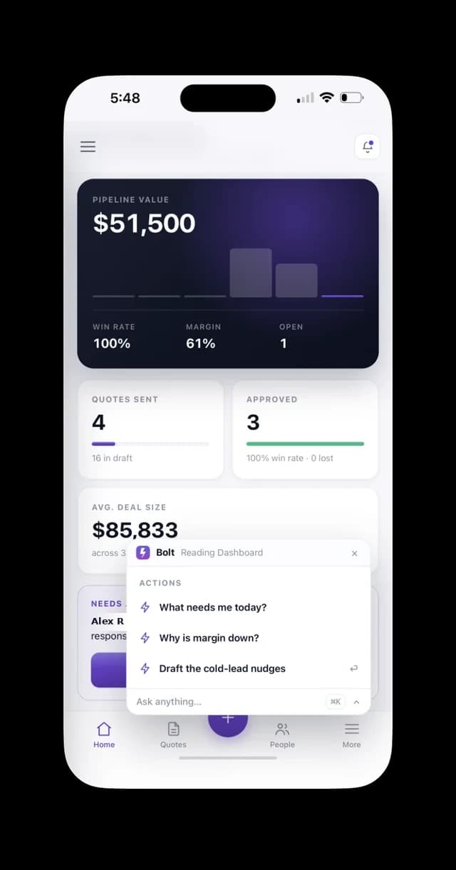 The Bolt panel open over the QuoteSmart dashboard, suggesting actions like what needs me today and why is margin down